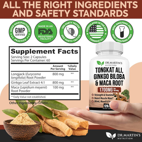 1700mg Tongkat Ali, Maca Root & Ginkgo Biloba Supplement, 120 Capsules for Strength, Stamina, Energy, and Vitality.