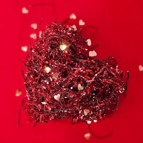PAPER FAIR 1 LB Valentine's Day Crinkle Cut Paper with Rose Gold Heart Confetti, Metallic Red Paper Shred Filler Strand Raffia Tissue Craft Bedding Cushion, Christmas Party Birthday Gift Box Basket