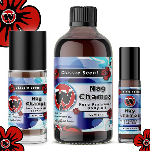 WagsMarket Nag Champa Perfume Oil, 0.33oz Roll On to 4oz Glass Bottle