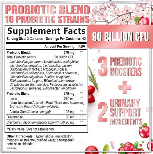 Probiotics for Women with Prebiotics, 90 Billion CFU & 16 Diverse Strains, Cranberry & D-Mannose, Extra Strength Womens Probiotic for Digestive, Vaginal, Urinary & Immune Health Support - 120 Capsules