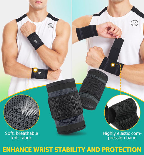 HiRui Wrist Brace - Compression Wrist Wraps for Work, Fitness, Weightlifting, Pain Relief, Adjustable 2 PACK (Black, L)