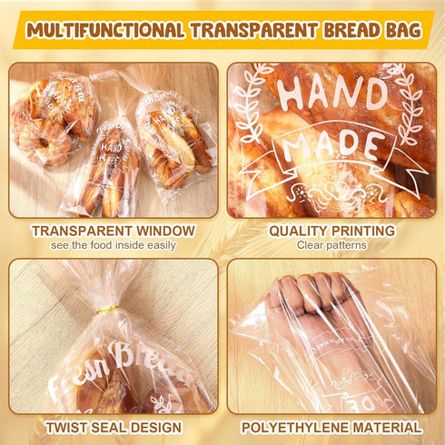 LemonSecret 100 Pack Packaging (8" 4" 18") Bread Loaf Bags for Homemade Bread with Ties Large Clear Plastic Bakery Bags
