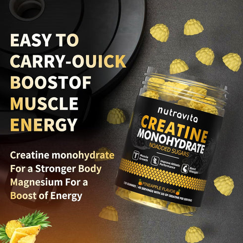 Creatine Monohydrate Gummies, 5g per Serving, Sugar Free, Vegan, Pineapple Flavor, 120 Count for Men & Women
