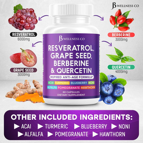 JB Wellness Co 180 JB Wellness Resveratrol, Grape Seed Extract, Berberine, Quercetin - Polyphenol Supplement for Women