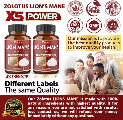 11 in 1 Lions Mane Mushroom Capsules, Equivalent to 5050mg, 3 Month Supply with Cordyceps, Reishi, Ashwagandha, Immune