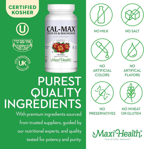 Maxi Health Calcium Magnesium Supplement with Vitamin D3 & Boron | 180 Tablets | Kosher Bone Health & Nighttime Formula