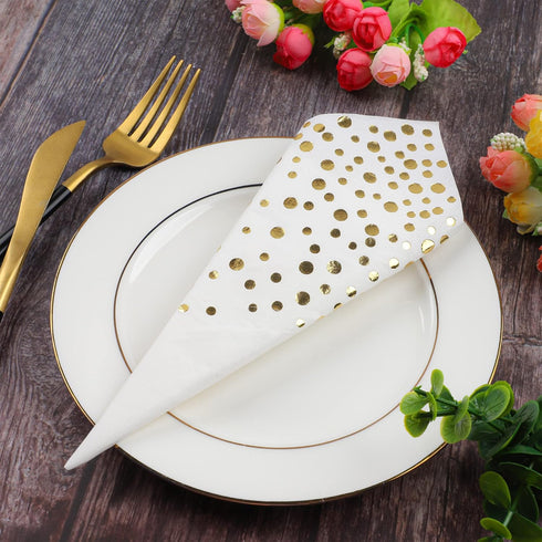 Pack 120 of Gold Foil Guest Napkins White and Golden Polka Dots Disposable Hand Towels Metallic Dinner Paper Napkins