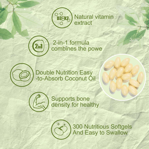 2-in-1 Vitamin D3 K2 Softgel - 10000 IU VIT D3 + 200 MCG K2, Bone & Cardiovascular Health Support - 300 Pcs