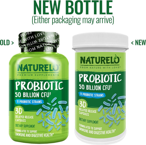 NATURELO Probiotics for Digestive Health, 50 Billion CFU, 11 Strains, 30 Vegetarian Capsules