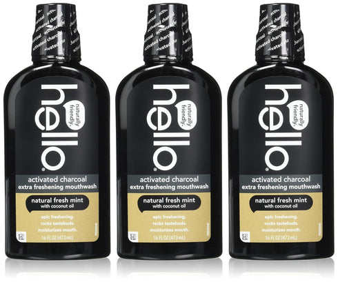 Hello Activated Charcoal Extra Freshening Mouthwash, Natural Fresh Mint and Coconut Oil, Fluoride Free, Alcohol Free,