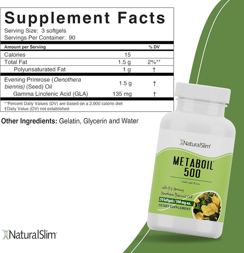 NaturalSlim Metaboil 500 Evening Primrose Oil Capsules - Solvent-Free Cold Pressed Supplement for Metabolism - 250