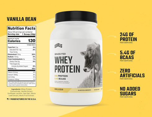 Levels Grass Fed Whey Protein Powder - 24G of Protein, No Artificials, Vanilla Bean, 2LB