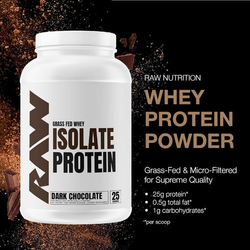 RAW Whey Isolate Protein Powder - Dark Chocolate, 100% Grass-Fed Sports Nutrition for Muscle Growth & Recovery, 25