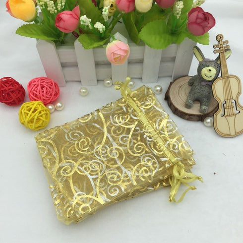 100pcs Sheer Organza Favor Bags, Rattan Print Gift Bags for Wedding Baby Shower, 3x4 inch, Gold