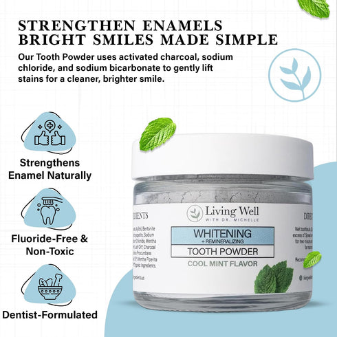Living Well with Dr. Michelle Remineralizing & Whitening Tooth Powder Cool Mint | Fluoride-Free Hydroxyapatite Formula