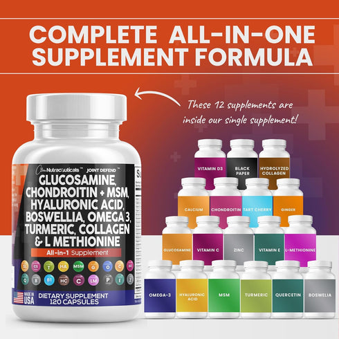 Clean Nutraceuticals Joint Support Supplement - Glucosamine Chondroitin MSM Turmeric with Omega 3 & 120 Count Capsules