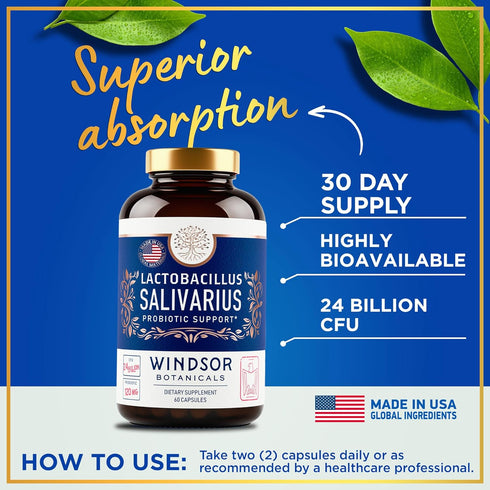 Lactobacillus Salivarius Probiotic Capsules, 60 Caps for Oral Health, Bad Breath, and Digestive Support