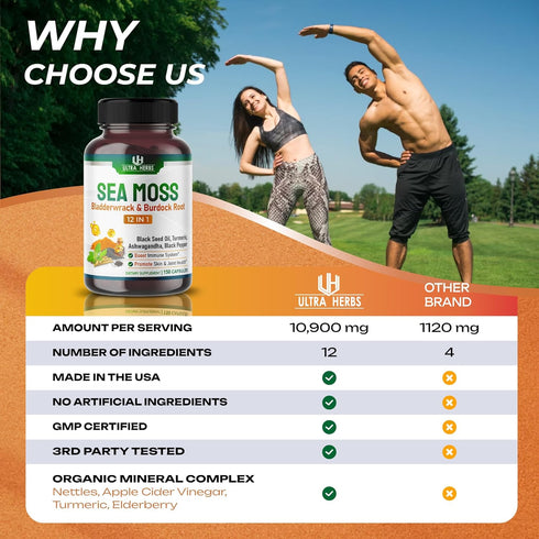 Organic Sea Moss Capsules 12,900mg with Black Seed Oil, Ashwagandha, Burdock Root, Bladderwrack for Immune System, Gut, Skin & Energy *USA made & tested* (150 Count (Pack of 1))