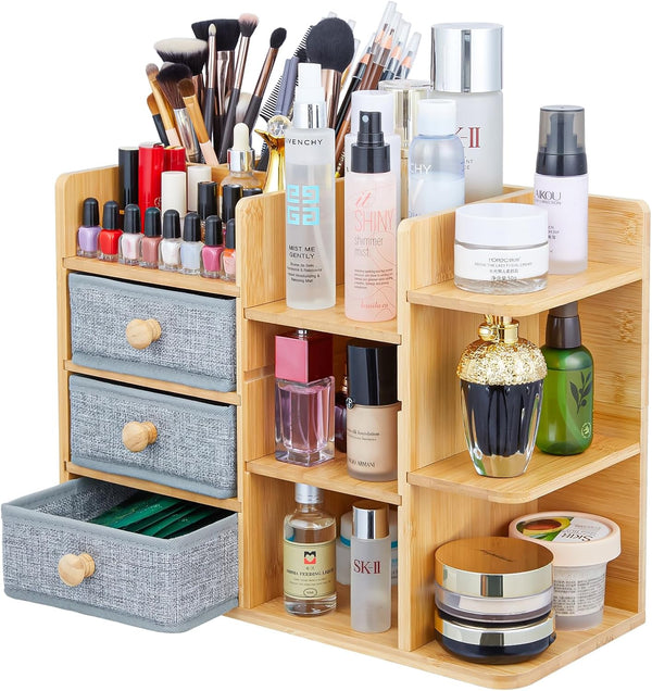 Makeup Organizer Countertop, Elegant Bamboo Cosmetic Skincare Organizers with 3 Makeup Brush Holders, 3 Drawers