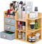 Makeup Organizer Countertop, Elegant Bamboo Cosmetic Skincare Organizers with 3 Makeup Brush Holders, 3 Drawers