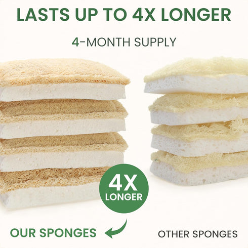 Pack 4 Natural Kitchen Sponges Eco-Friendly, Compostable Dish Sponges Loofah & Cellulose Scrubbers Plastic-Free