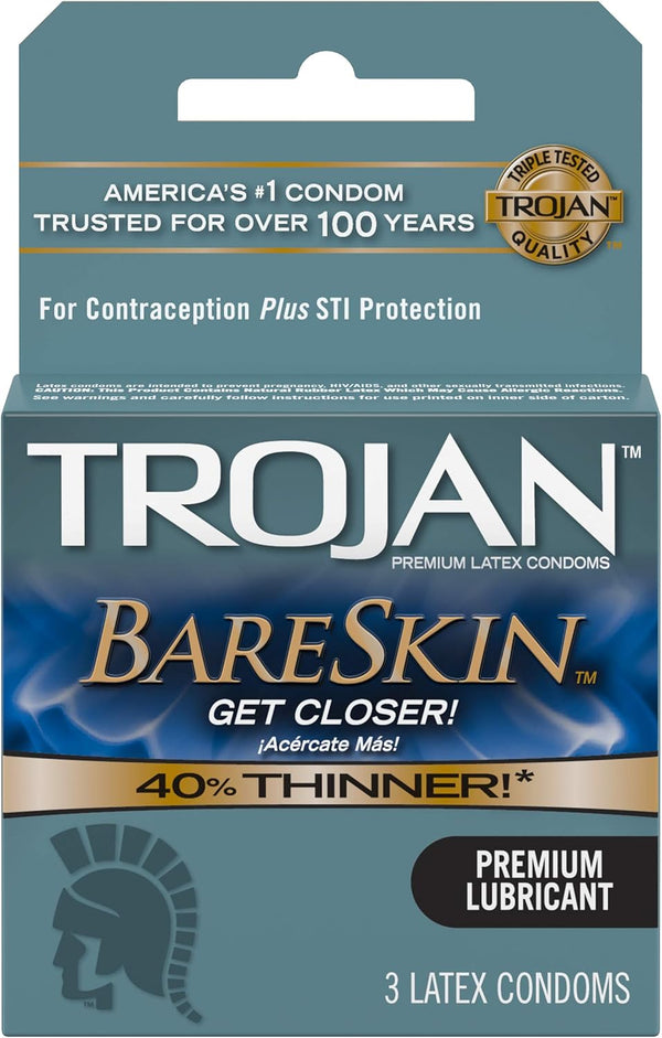 TROJAN Sensitivity BareSkin Lubricated Premium Latex Condoms - 3 ct, Pack of 4