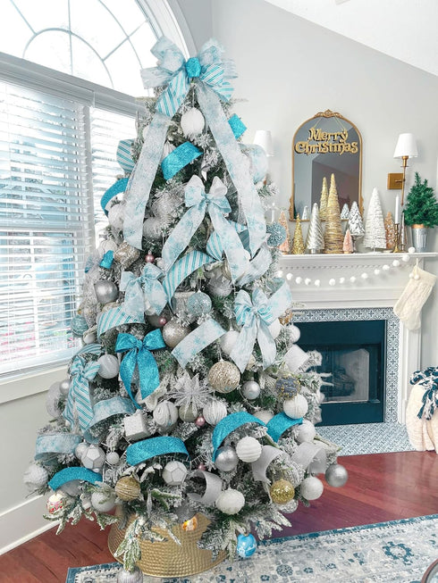 HUIHUANG Blue Ribbon for Christmas Tree, 2-1/2" x 6 Rolls, Blue and Silver Wired for Home Decor