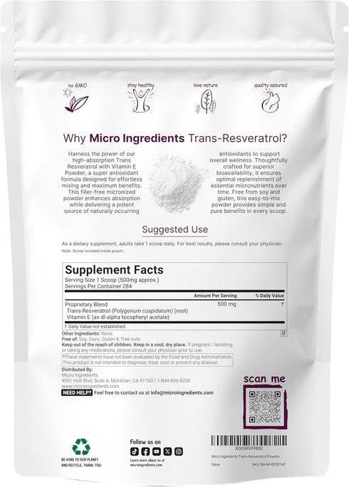 Pure Trans-Resveratrol Powder with Vitamin E, 5 Ounce, Micronized for Better Absorption, Premium Supplement