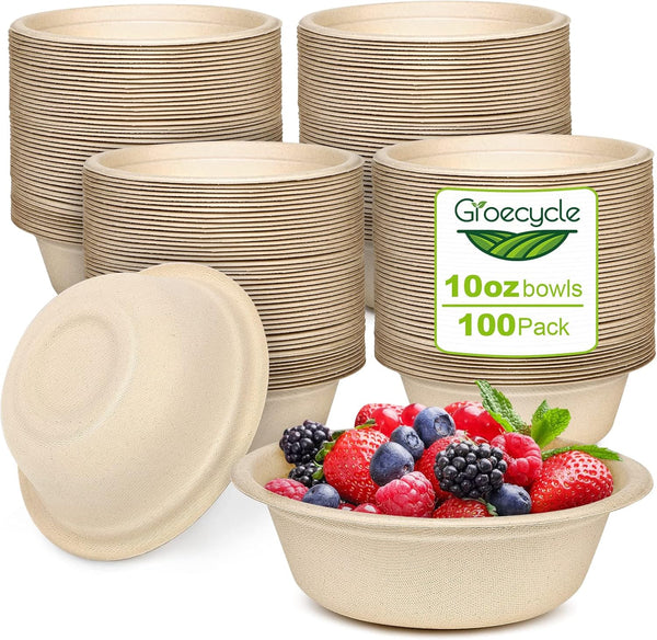 Paper Bowls 10 oz, 100 Pack Small Disposable Heavy Duty Bowls for Hot Soup, Ice Cream, Fruits, 100% Compostable