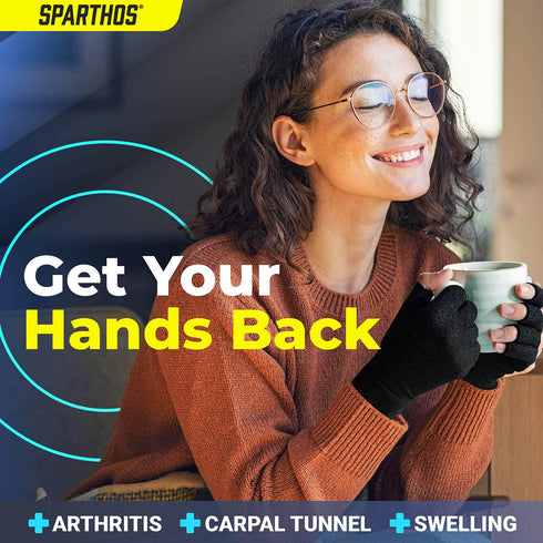 Sparthos Arthritis Hand Compression Gloves - Helps With Carpal Tunnel, Neuropathy & Artritis Pain - Support Your Hands While Typing - Fingerless Circulation Glove - Fits Men & Women (Black - Medium)