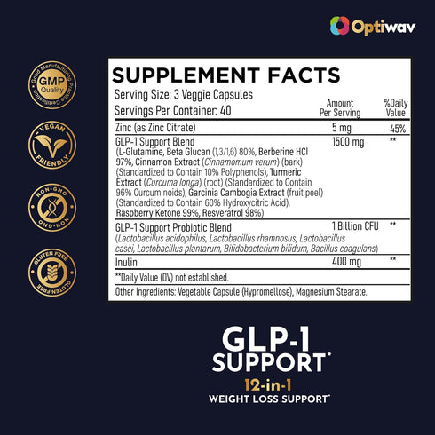 Optiwav GLP-1 GLP1 Support Probiotic Weight Loss Supplement - Natural Support Appetite Suppressant for Women Men