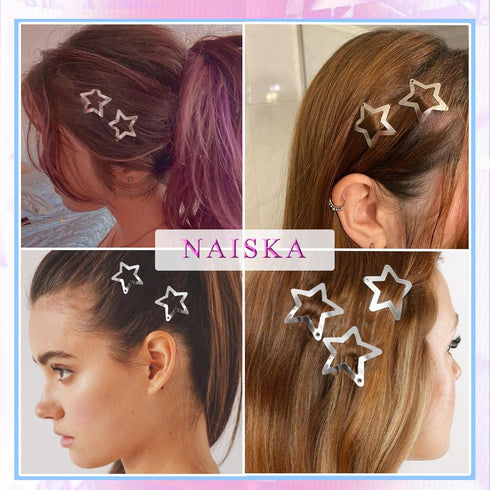 NAISKA 1.65" Star Hair Clips - 20PCS Silver Y2K Non Slip Hair Pins, Snap Hair Barrettes for Girls and Women