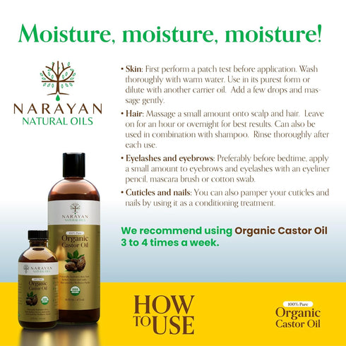 Narayan Organic Castor Oil (4 Fl Oz Glass Bottle), USDA Certified Natural Cold Pressed for Hair Growth and Skin