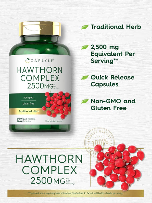 Carlyle Hawthorn Berry Complex | 2500mg | 120 Capsules | Non-GMO, Gluten Free Extract Powder Pills