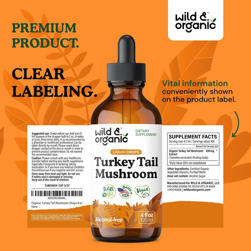 Immune 4 oz Wild & Organic Turkey Tail Mushroom Tincture - Support Drops with Turkey Tail Extract - Liquid Mushroom