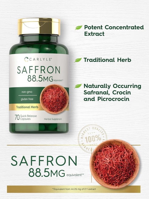 Carlyle Saffron Extract Capsules - 88.5mg, 70 Count, Non-GMO & Gluten Free Supplement