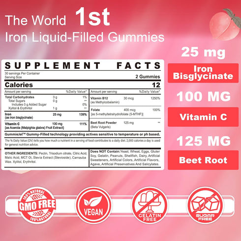Vegan Iron Gummies Supplement for Women plus Vitamin C 100mg, Beet Root, Vitamin B12, Folate for Iron Deficiency, Anemia, Energy Boost, Sugar Free Gentle Iron, Non-Constipating, No After Taste, 60 Cts
