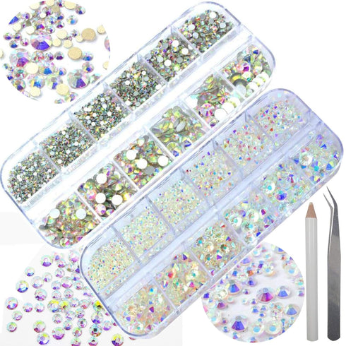Nails Rhinestones for Crafting, 4000pc Kit A with 6 Sizes SS20 Flatback Rhinestones, Tweezers, and Picking Pen
