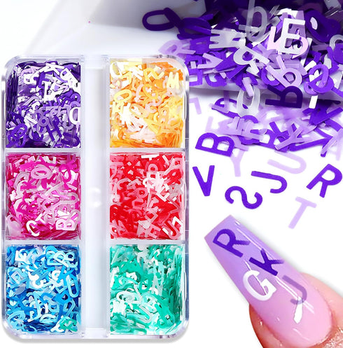 6 Colors Letter Nail Art Glitter Sequins, 3D Holographic English Letter Flake Designs for Acrylic Nails Women DIY
