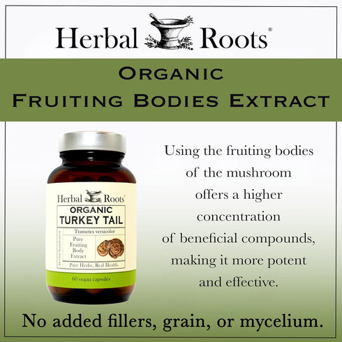 Immune 60 Herbal Roots Organic Turkey Tail Mushroom Supplement - Fruiting Bodies Extract - Support - Vegan Non GMO