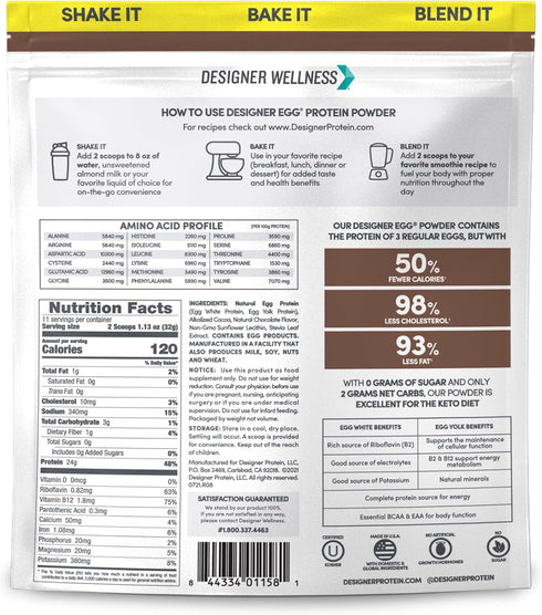 Designer Wellness Natural Egg Yolk & White Protein Powder, Keto and Paleo Friendly, Dutch Chocolate, 12.4 Ounce