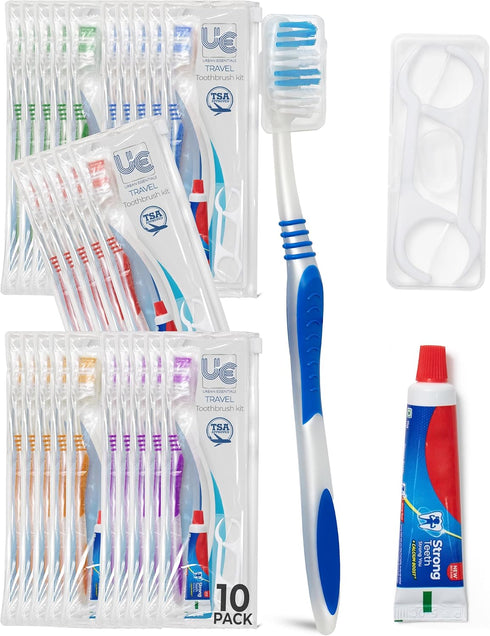 Urban Essentials Bulk Travel Toothbrush Kit - Toothbrush, Cap, Toothpaste, Floss Picks, TSA Approved (10)