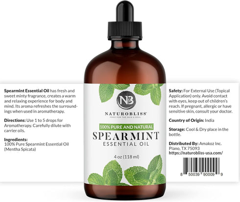 NaturoBliss Spearmint Essential Oil 4 fl. Oz - 100% Pure Natural Therapeutic Grade for Aromatherapy & Relaxation
