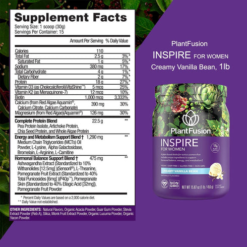 PlantFusion Inspire Plant Protein Powder for Women - Creamy Vanilla Bean 1 lb - Low Carb, Keto, Gluten Free, Non-Dairy,
