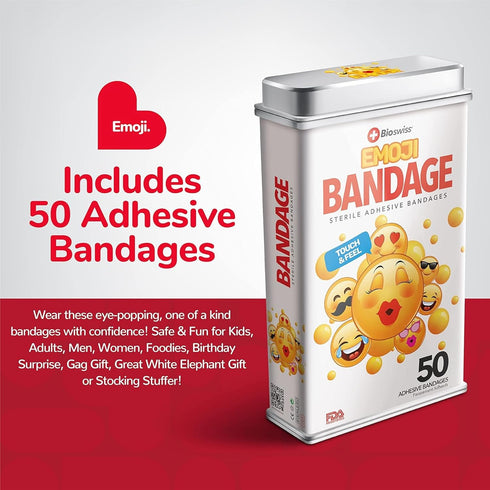 BioSwiss Emoji Shaped Bandages - Fun Self Adhesive Latex Free Sterile Wound Care for Kids, 50 Count First Aid Kit