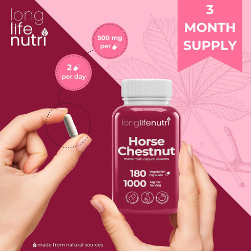 Horse Chestnut Extract 500mg - 180 Vegetarian Capsules, Organic Supplement for Daily Wellness & Circulation, 3-Month