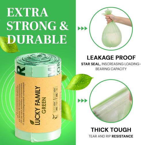 Lucky Family Green Compost Bags - 1.3 to 1.6 Gallon Kitchen Countertop Bin, 100% Compostable Trash Bags