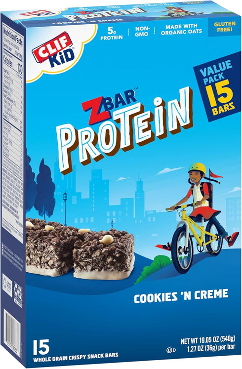 Zbar Protein - Cookies 'n Creme, Crispy Whole Grain Snack Bars with Organic Oats, 5g Protein, 1.27 oz. (15 Pack)