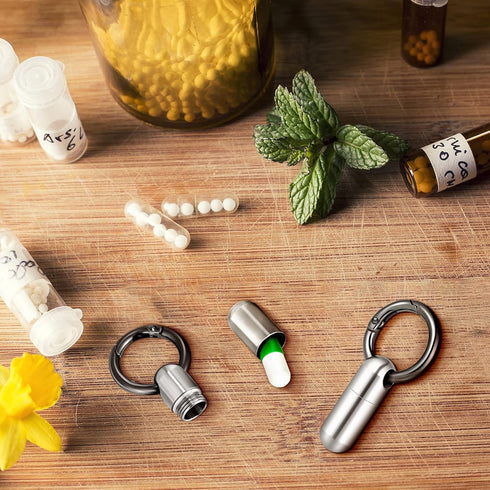 2 Pieces Waterproof Tiny Keychain Pill Holder, Portable Mini Titanium Alloy Pill Box Case for Travel Purse Pocket