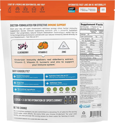 Kinderlyte Immunity: Plant Powered Hydration Supplement, Electrolyte Drink Mix with Elderberry, Turmeric, Vitamin D3
